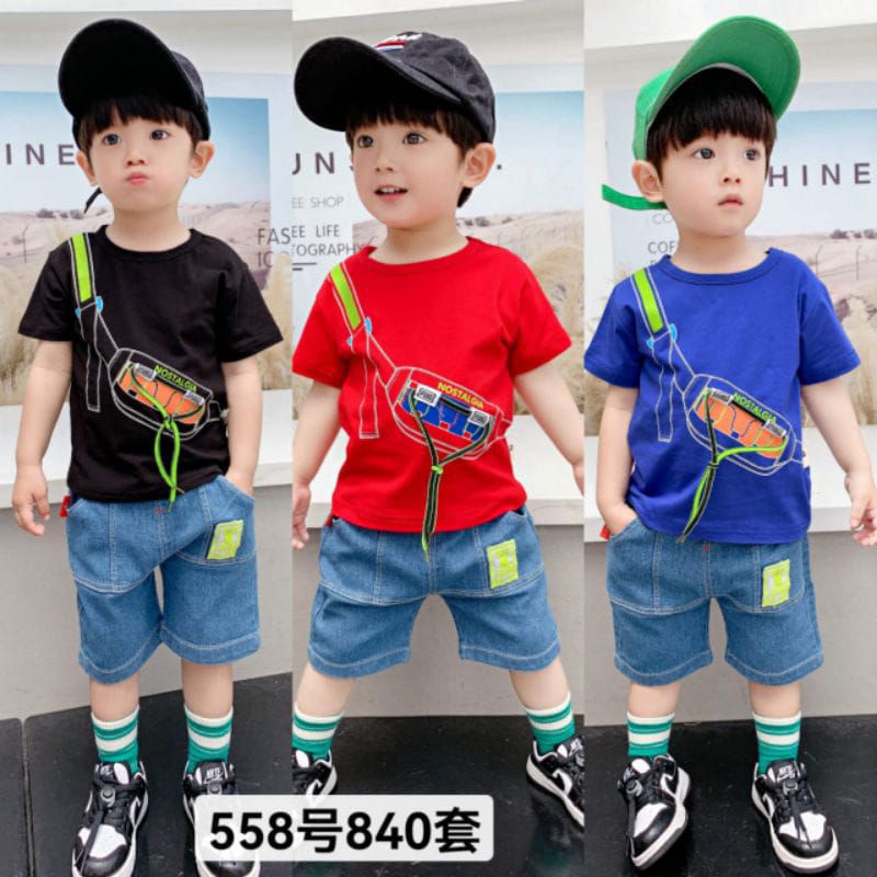 SETELAN KAOS ANAK LAKI LAKI IMPORT 1-5 tahun motif tas 3D / SETELAN KAOS ANAK KOREA / SETELAN JEANS ANAK / SETELAN ANAK SETELAN JEANS ANAK COWOK 1-5 TAHUN IMPORT / SETELAN ANAK JEANS KAOS / GROSIR SETELAN ANAK