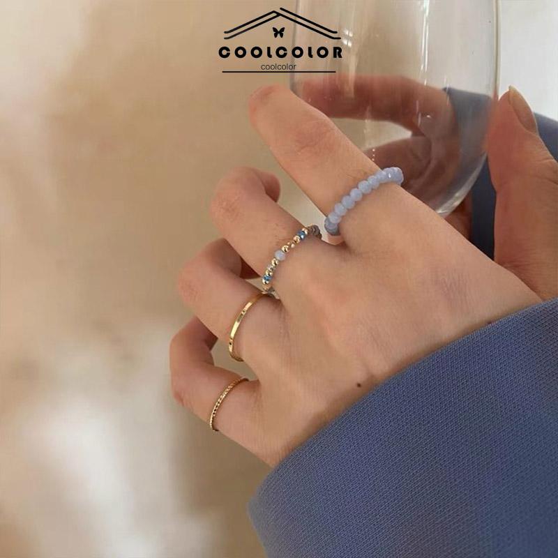 COD❤️4PCS/SET Setelan Cincin Kacang lingkaran biasa warna Wanita Korea Murah Simple Fashion Ring Jewelry Perhiasan Aksesoris Hadiah Ulang Tahun
