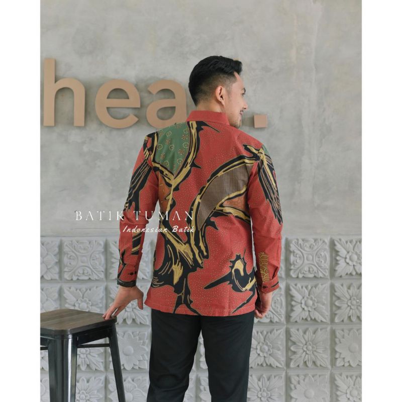 ATASAN PRIA BAJU BATIK LENGAN PANJANG LAPIS FURING BAHAN KATUN WARNA MERAH TUMAN 6 BATIK