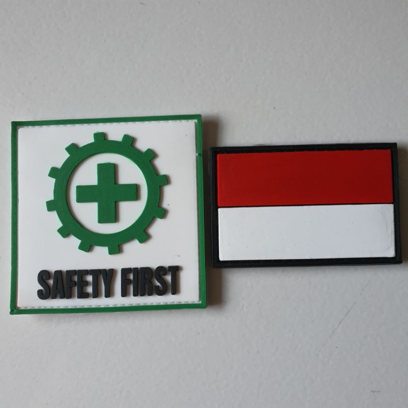 PATCH RUBBER SATU SET LOGO SAFETY FIRST K3 BESAR 8x8 PLUS BENDERA INDONESIA/TEMPELAN EMBLEM VELCRO