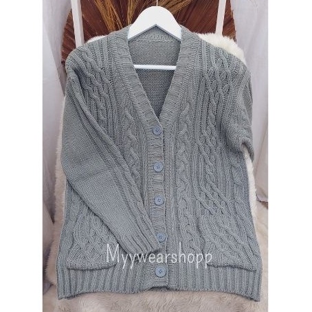 CABLE CARDY kardigan rajut kepang jumbo wanita panjang cardigan kancing oversize tebal terbaru impor-ABU MUDA