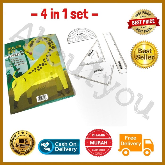 

Baru PENGGARIS Matematika SET 4 in 1 paket Penggaris Segitiga Busur Mistar Diskon