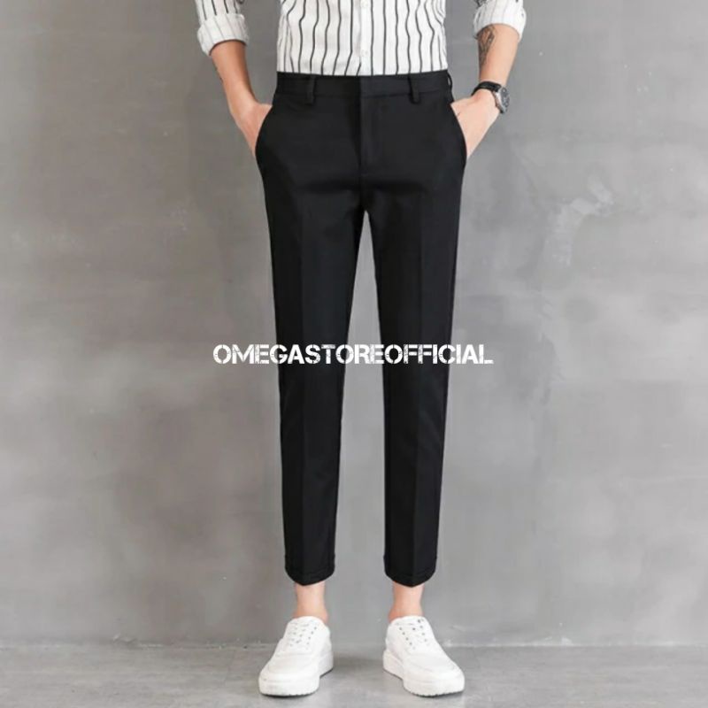 OMEGASTOREOFFICIAL - Celana Ankle Pants Pria (formal, bahan, kantor, kain, kerja) Panjang Slimfit - Hitam