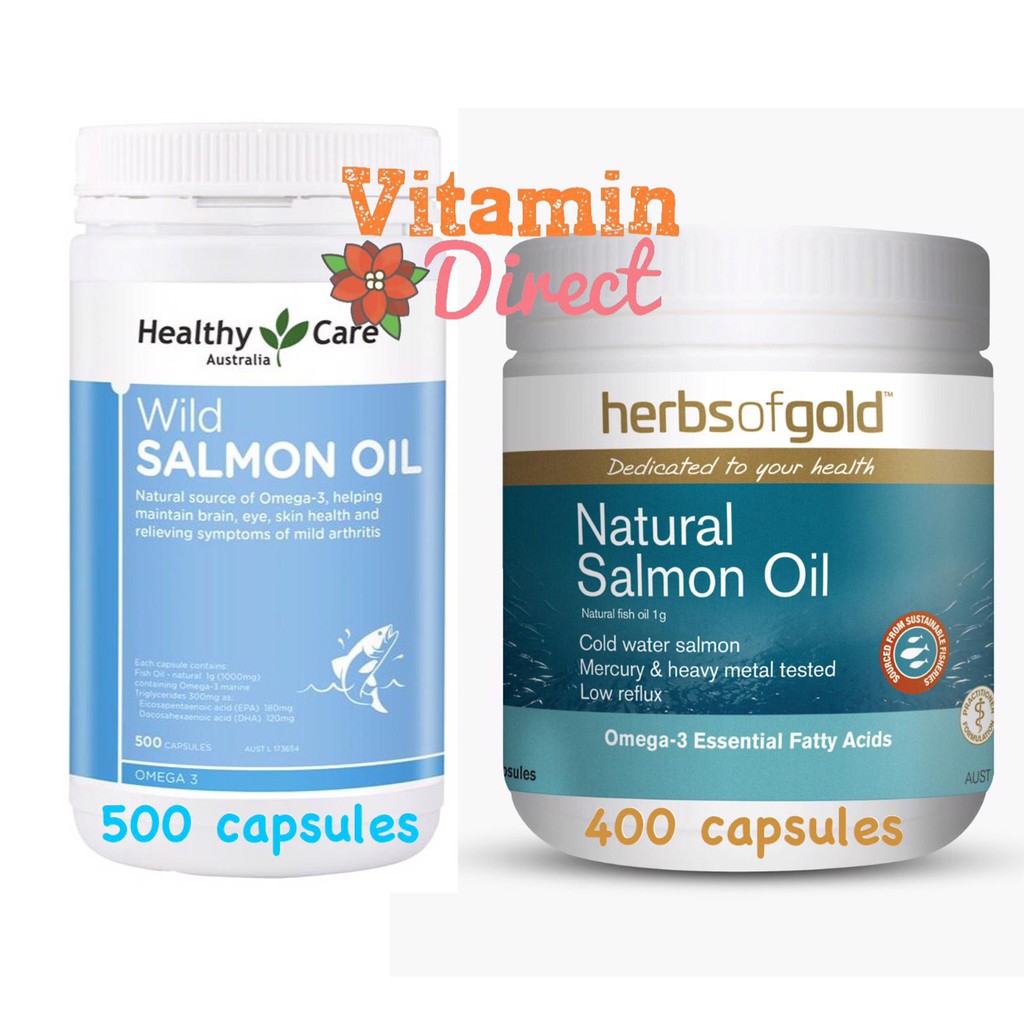 Healthy Care Wild Salmon Oil 1000mg 500 Capsules OR  Herbs of Gold Natural Salmon Oil 400 capsules