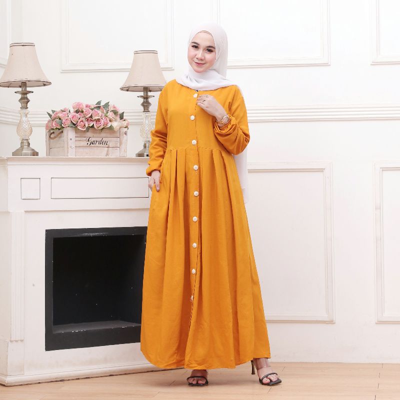 BAJU GAMIS RAYON POLOS TERBARU MODEL KEKINIAN FULL KANCING-Kuning kunyit