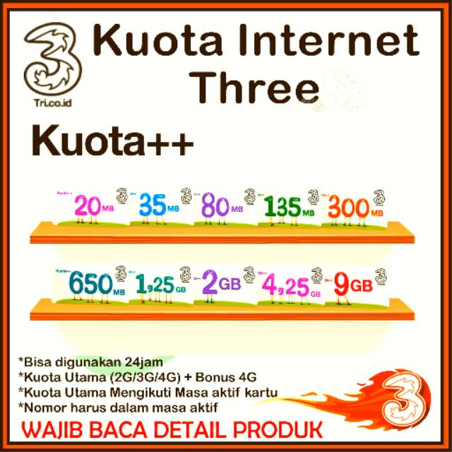 Paket KUOTA INTERNET THREE TRI 3 2GB 6GB 9GB 12GB 25GB + Pulsa 2000