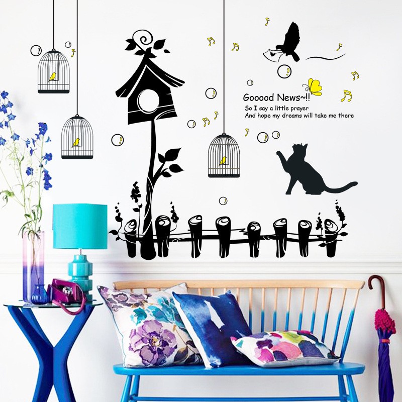 RELIZA WALL STICKER SANGKAR KUCING PAGAR TAMAN BIRD BURUNG DAPUR STIKER DINDING XL8267