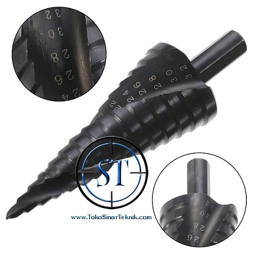 Mata Bor Pagoda HSS Spiral Step Drill Titanium Nitride Lapis Baja Tangga Nitrit Besi Black 4-32mm Kuat