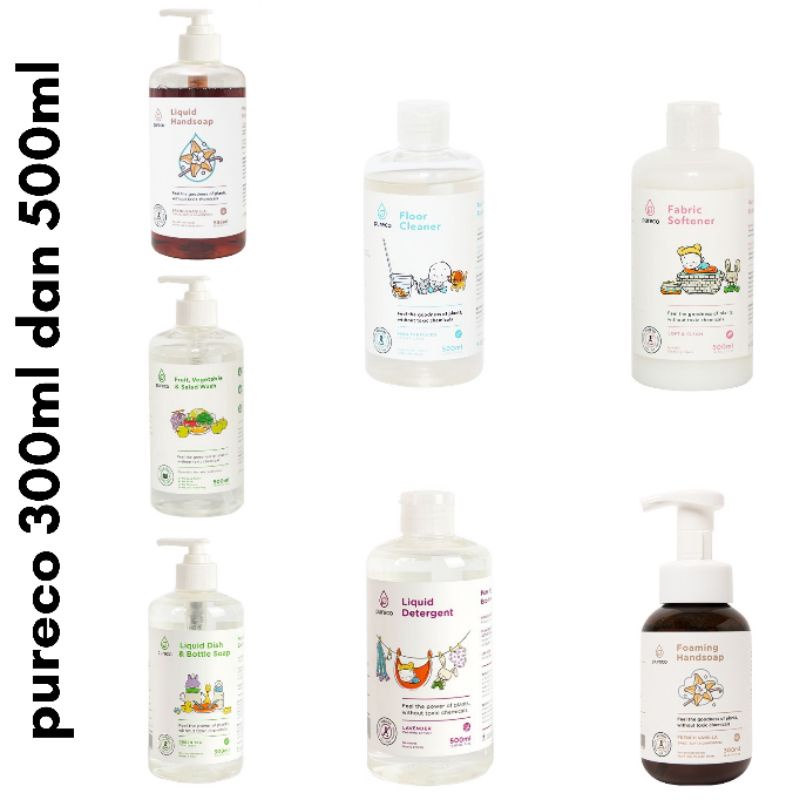 Pureco 500ml Liquid Handsoap, Detergent, Dish Bottle, Softener, Floor Cleaner, Fruit Vege Wash, 300ml Foaming Hand Soap