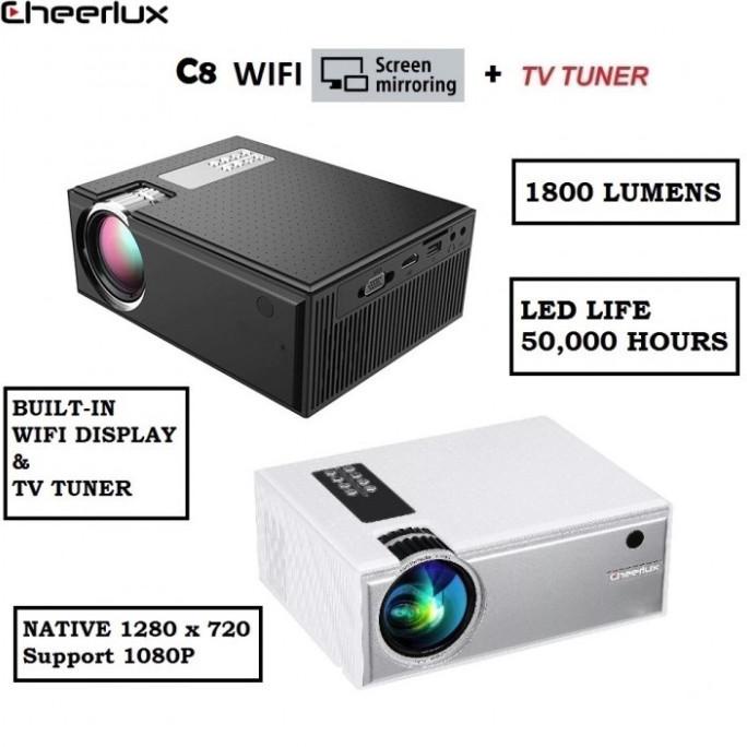 CHEERLUX C8 WiFi TV Tuner Mini LED Projector Smart Proyektor Mirror hp stock ada