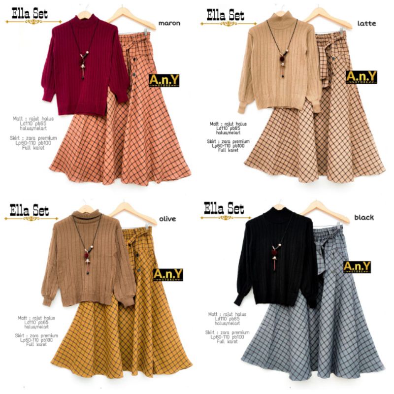 SET SWEARER TURTLE NECK RAJUT + ROK MOTIF KOTAK-KOTAK ELLA SET BY A.N.Y