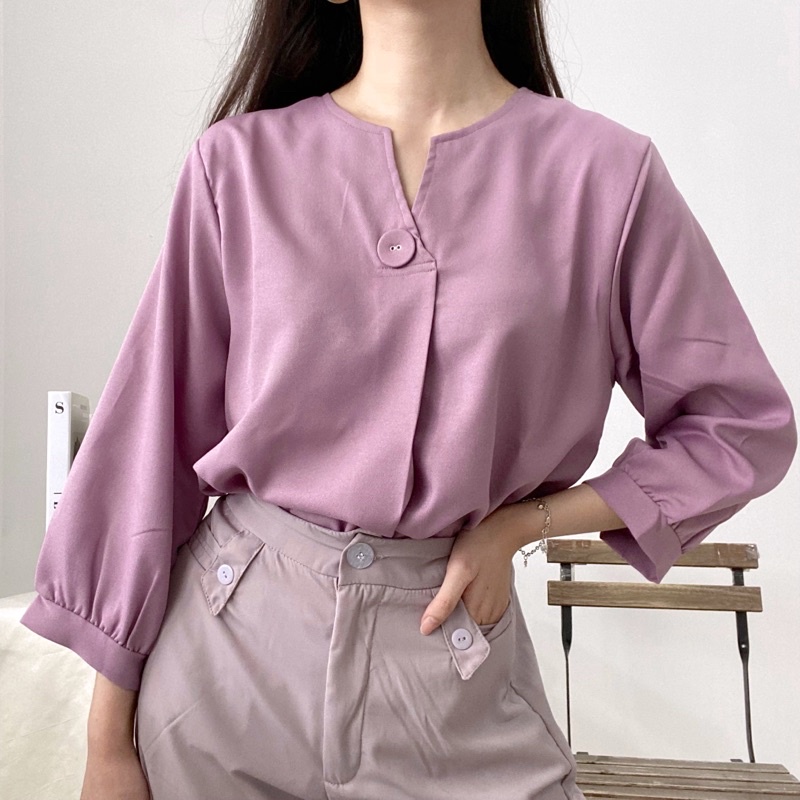 ALMI V-Neck Blouse One Button Formal Daily Baju Kantor 0371