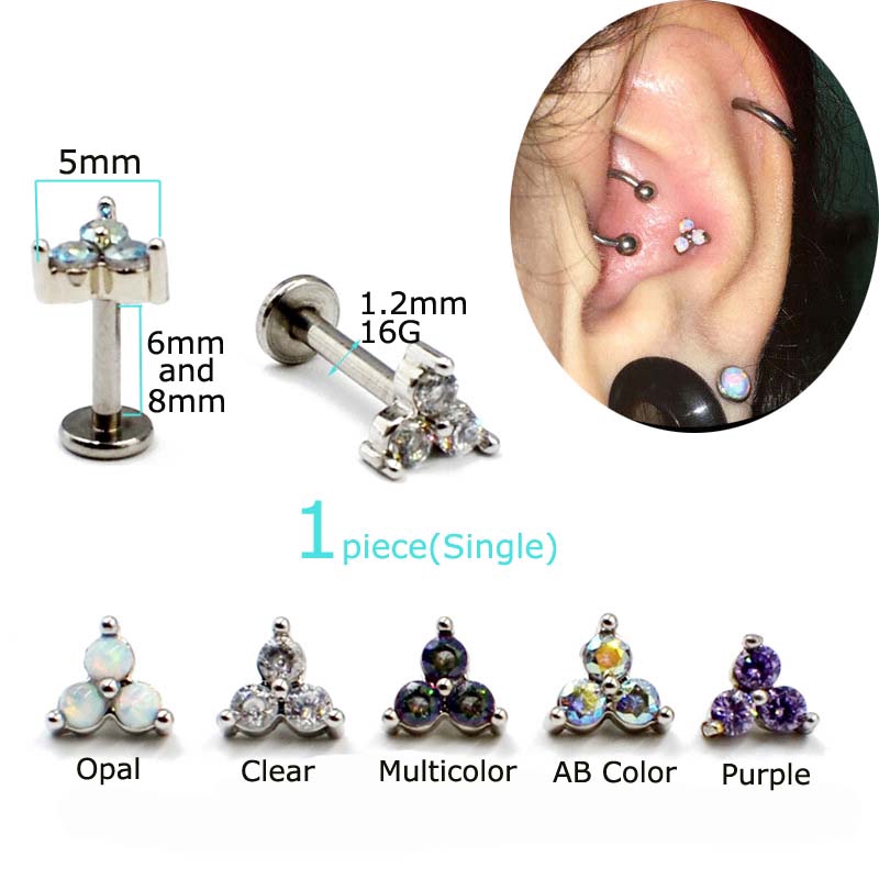 1piece 16G Internal Thread Stainless Steel Stud Earrings Cartilage Rook Conch Daith Helix Piecing