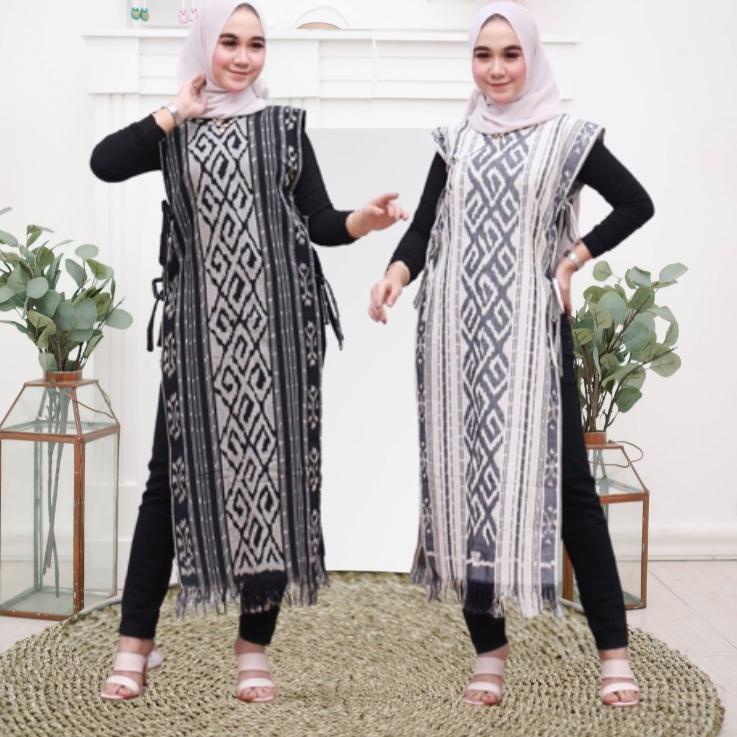 Serbuuuu.. Long Vest Wanita Muslim Hitam Putih Tenun Etnik Blanket Baju Muslimah Rompi Panjang Tanpa