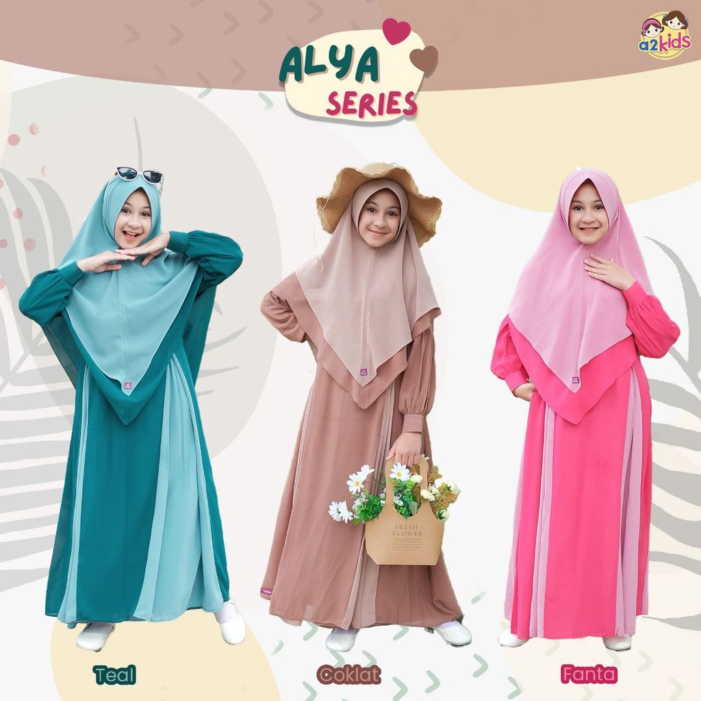 Gamis Anak Alya By a2kids / Gamis dan Jilbab  Bahan Ceruty/ Gamis anak polos PREMIUM