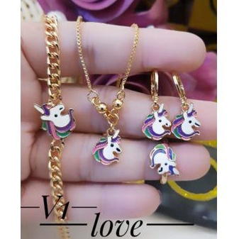 (JUN) Perhiasan Xuping ANAK Lapis Emas Gelang Cincin Gelang Anting Kalung Kuda Poni Titanium Realpic