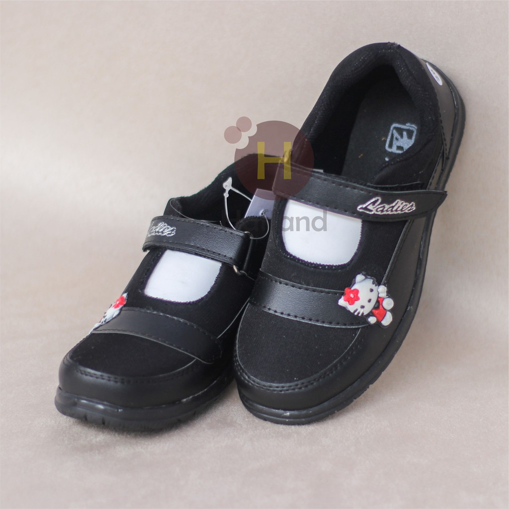 Flat Shoes Anak Perempuan sekolah SD dan TK/spotty hello kitty hitam 26-35