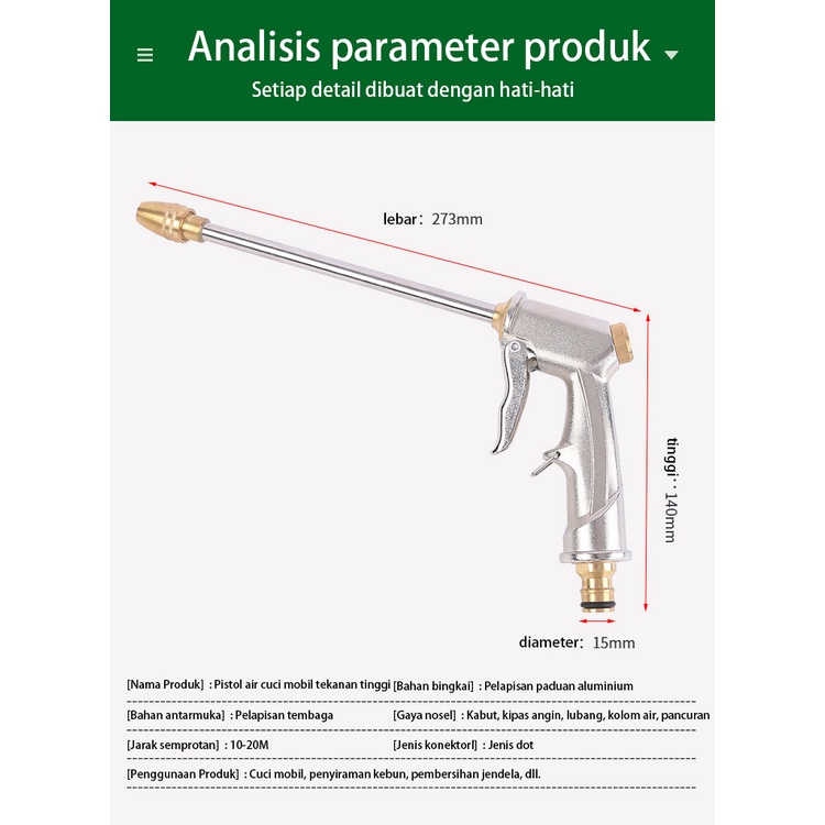 Tekanan Tinggi Taman Nosel Selang Air Pipa Pancar Cuci Mobil Logam