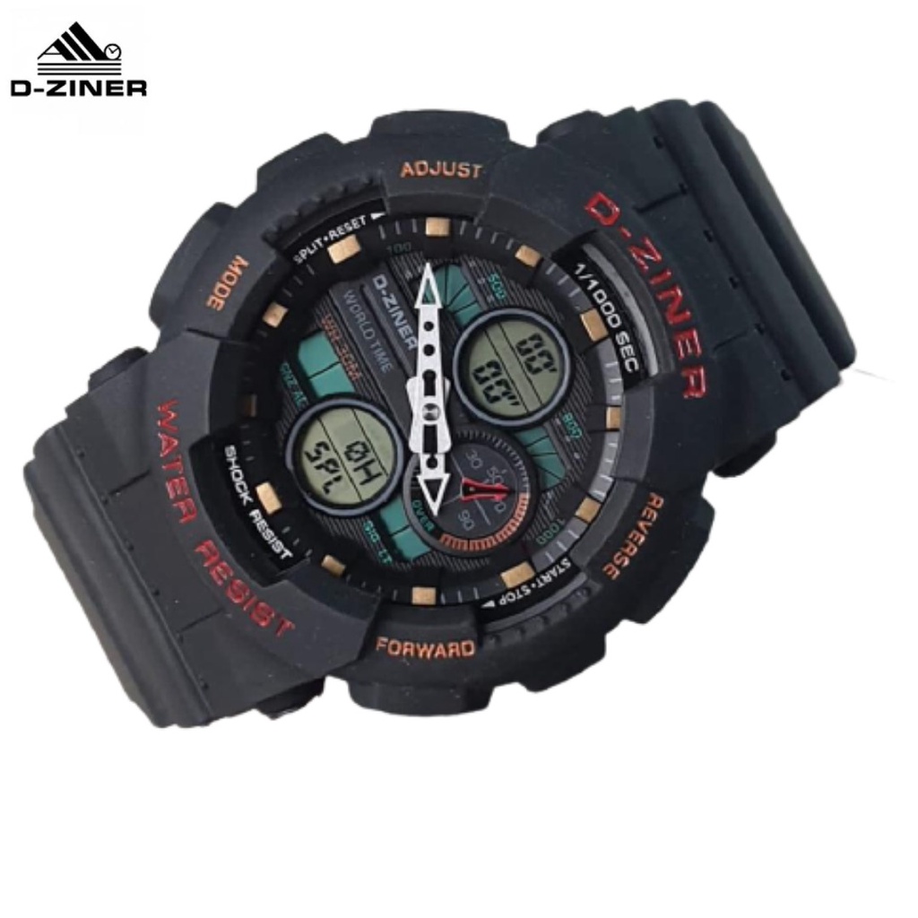 JAM TANGAN PRIA KEREN DZINER 8278 DUALTIME BLACK RED ORIGINAL