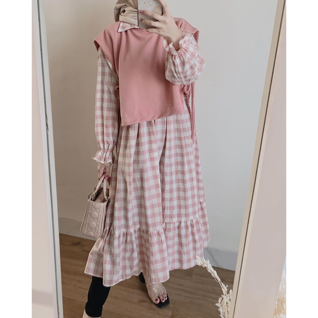 Tunik ARFA STYLE JOVANA Motif Kotak 2n1 with Rompi Model Bisa Elegan Atasan Wanita Kualitas Premium 