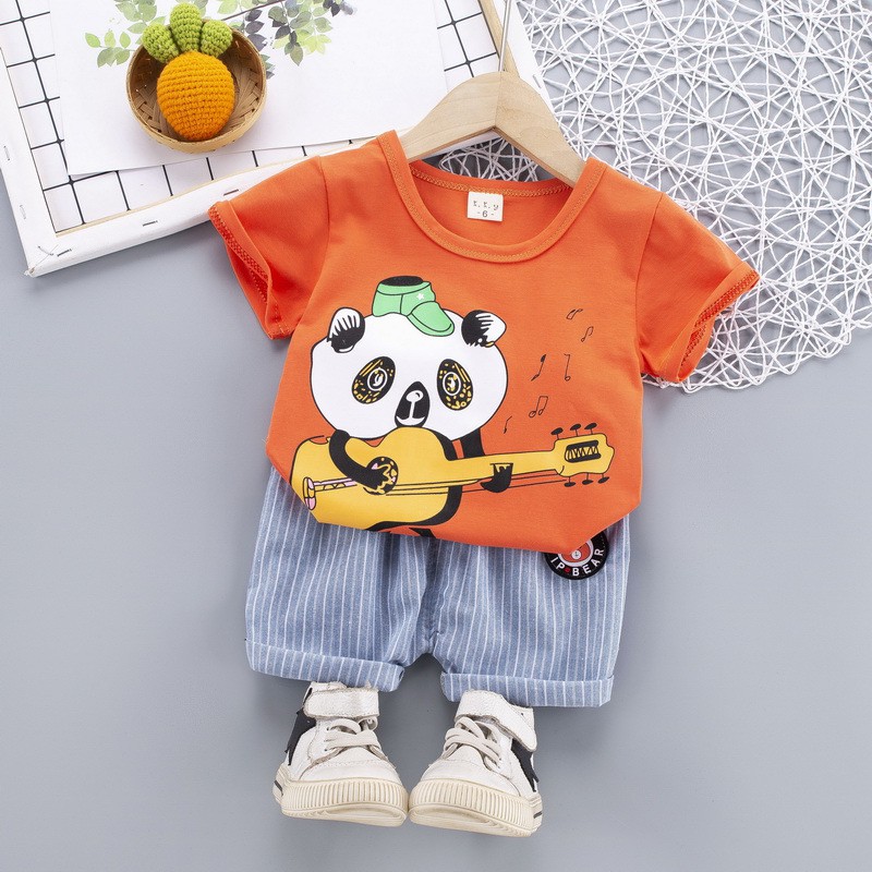 Setelan Kaos Anak Laki-Laki+Celana Pendek Motif 3D Dino/Panda