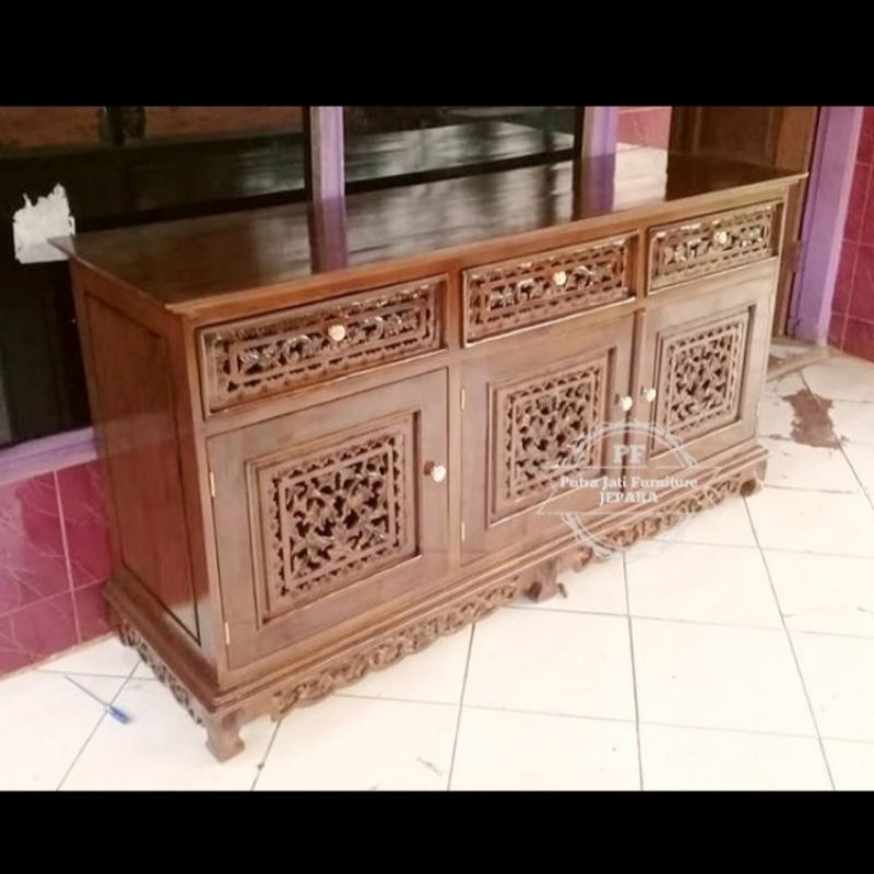 Lemari penyekat ruangan ukir Jepara - Bufet meja TV kayu jati