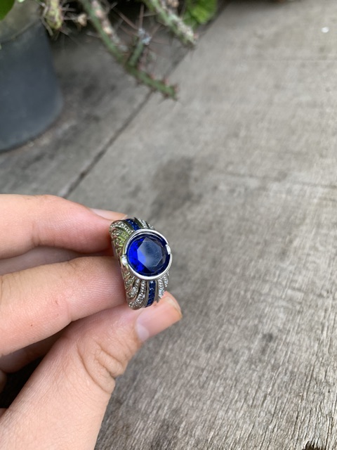 Cincin Casual Luxury Mewah Elegan Royal Blue Safir 18K White Gold Filled