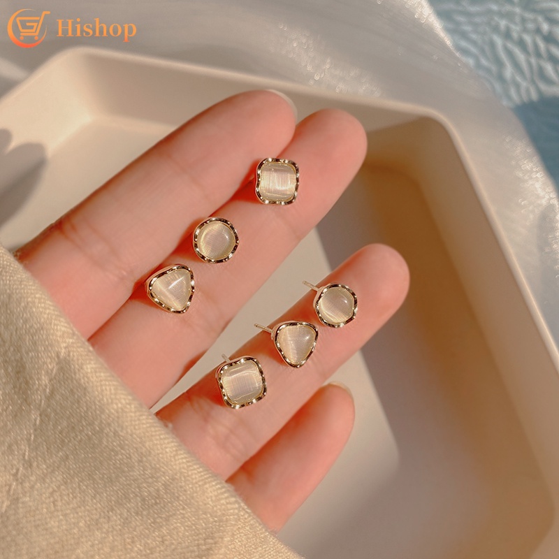Set Anting Stud Opal Geometris Gaya Elegan Untuk Wanita