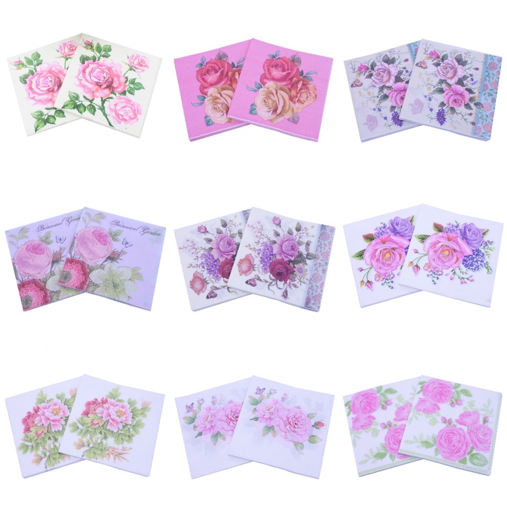 [26Gaya] Serbet Kertas Mawar Pink Print Tissue Napkin Dekorasi Serviettes 20pcs/pack