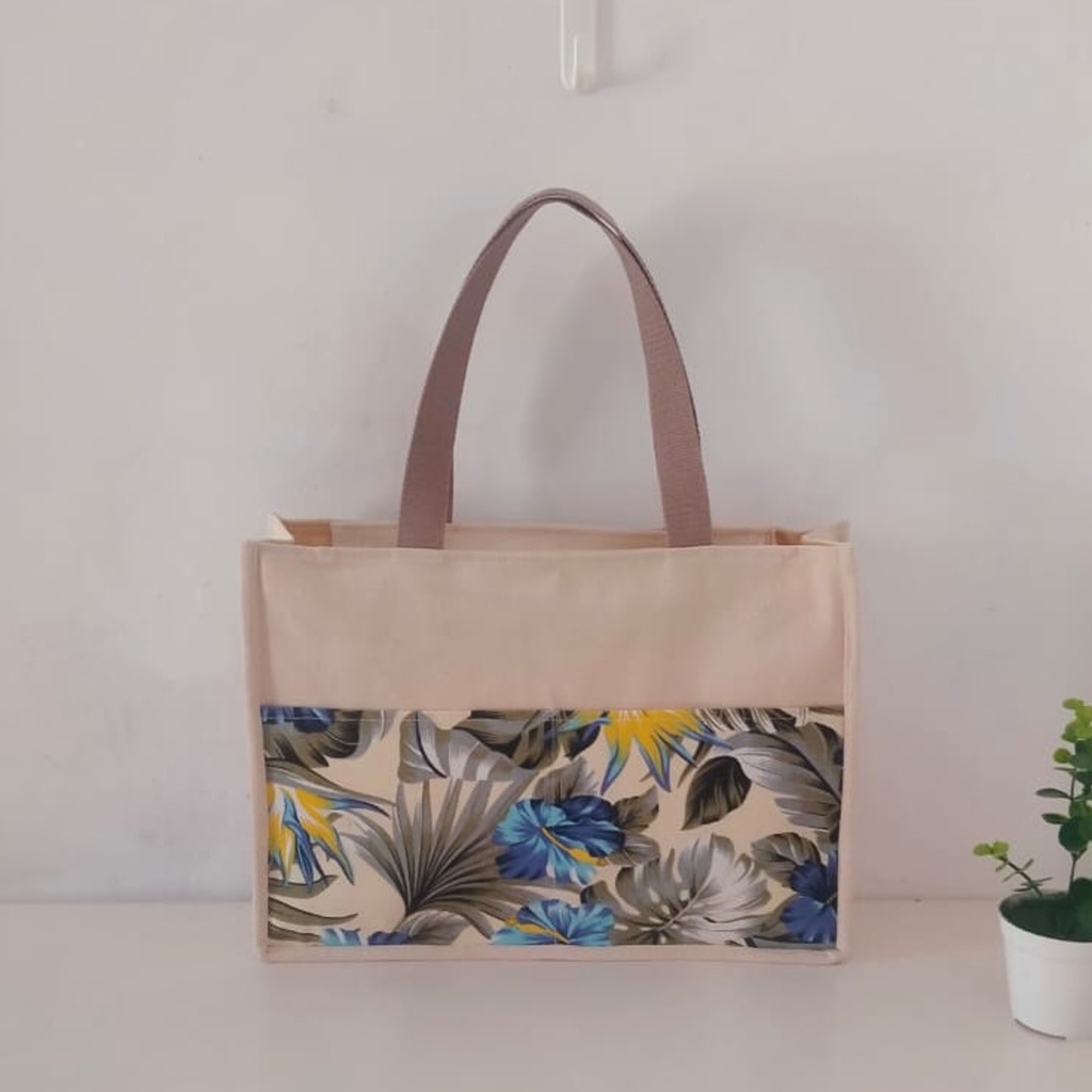 TAS KANVAS TAS GONI SINTETIS KOMBINASI KANVAS MOTIF BUNGA SEPATU BIRU. SOUVENIR JOGJA. RIENS COLLECTIONS