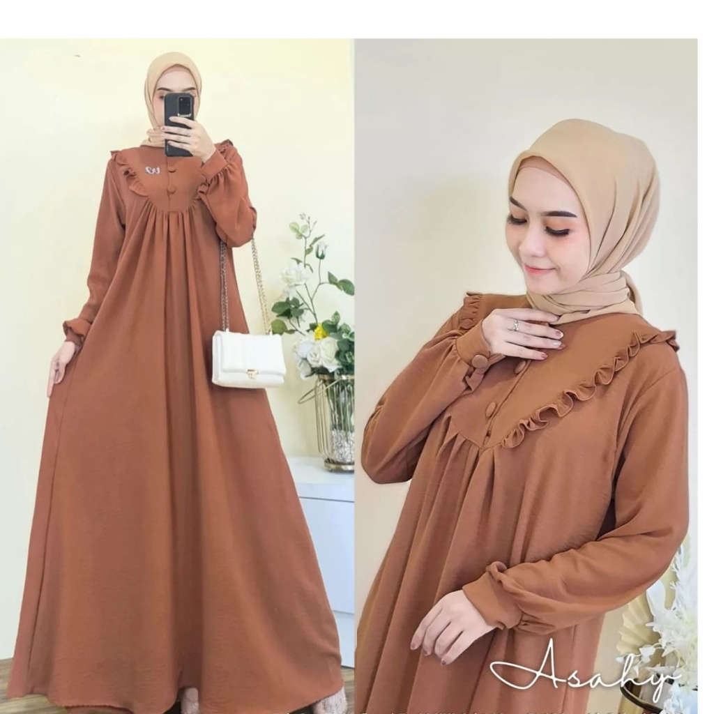 Asahy Dress Gamis Wanita  Kancing Depan Busui Aksen Rempel Bagian Dada Model lengan Balon Bahan Crincle Ukuran Jumbo XL-XXL