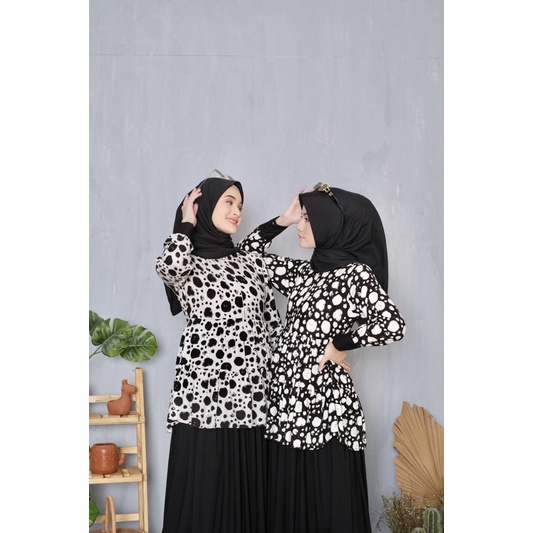 Ounadoutfit dress gothic polkadot busui wanita kekinian hitam putih / homedress rayon motif / outfit muslim motif / dress monocrom / baju polkadot wanita