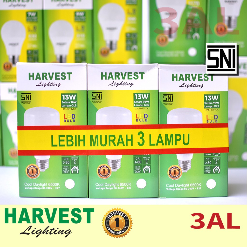 13W - Paket Isi 3 - HARVEST LIGHTING Lampu Kapsul LED T-Bulb 13 watt Lampu Hemat Energi Original Bersertifikat SNI dan Bergaransi