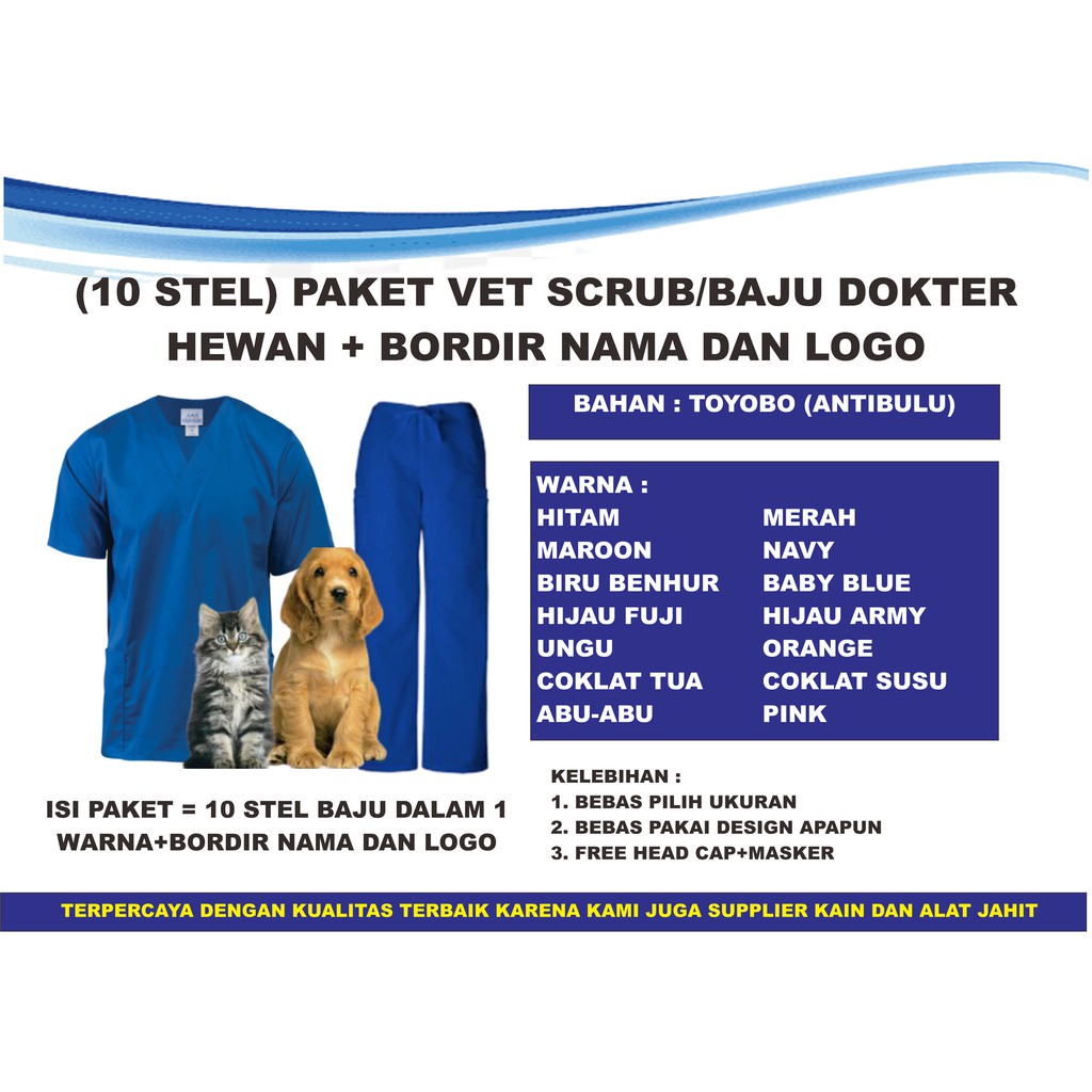 Baju Dokter Hewan/Vet Scrub (Free Bordir nama,logo,head cap dan masker) 10 stel