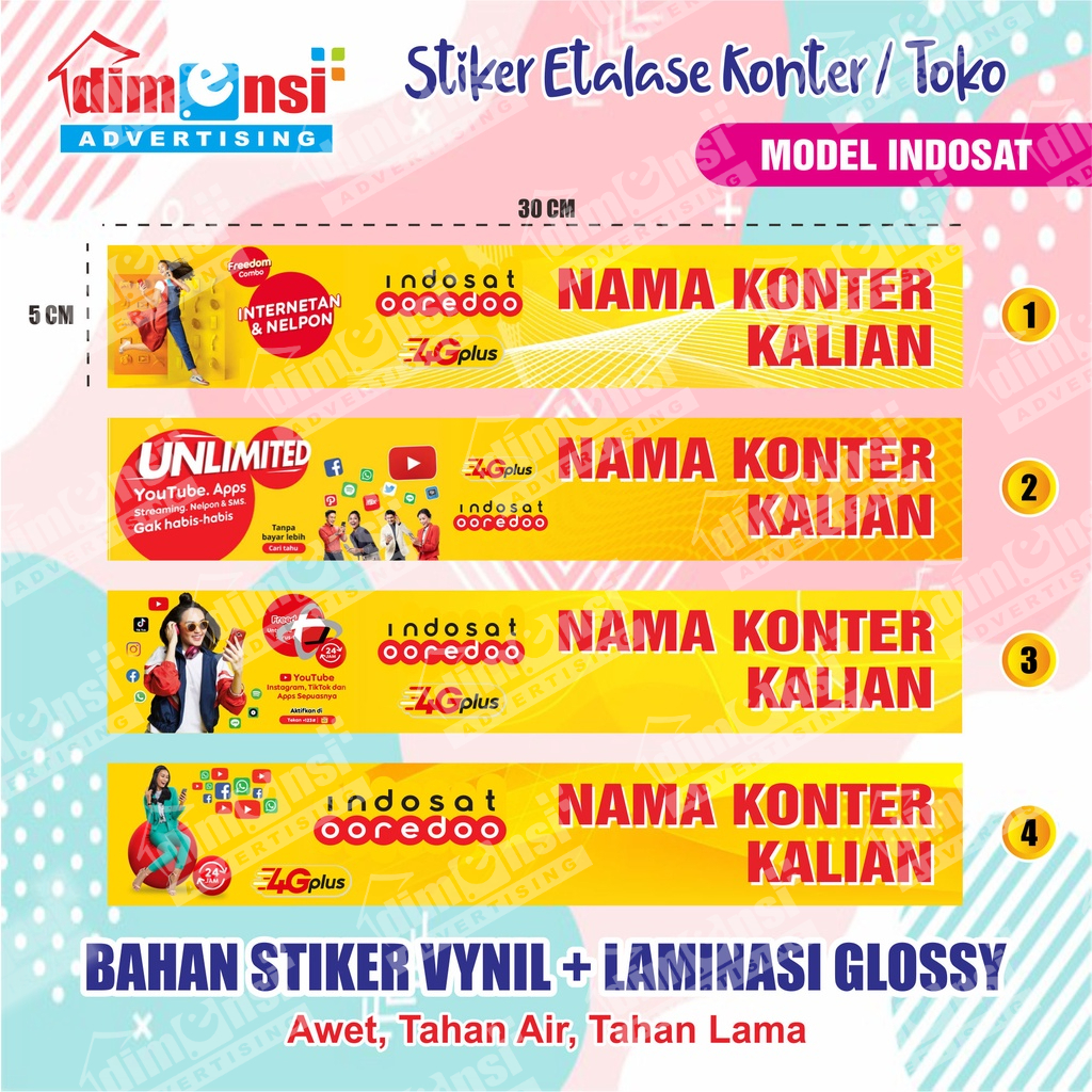 

Stiker Etalase Konter / Toko Murah + Laminasi - Model Indosat ( Minimal 9 Pcs )