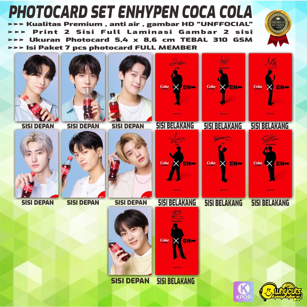 PHOTOCARD SET PC KPOP PREMIUM UNOFFICIAL ENHYPEN &quot;COCA COLA&quot; / PRINT 2 SISI FULL LAMINASI GLOSSY / ISI 7 PCS FULL SET