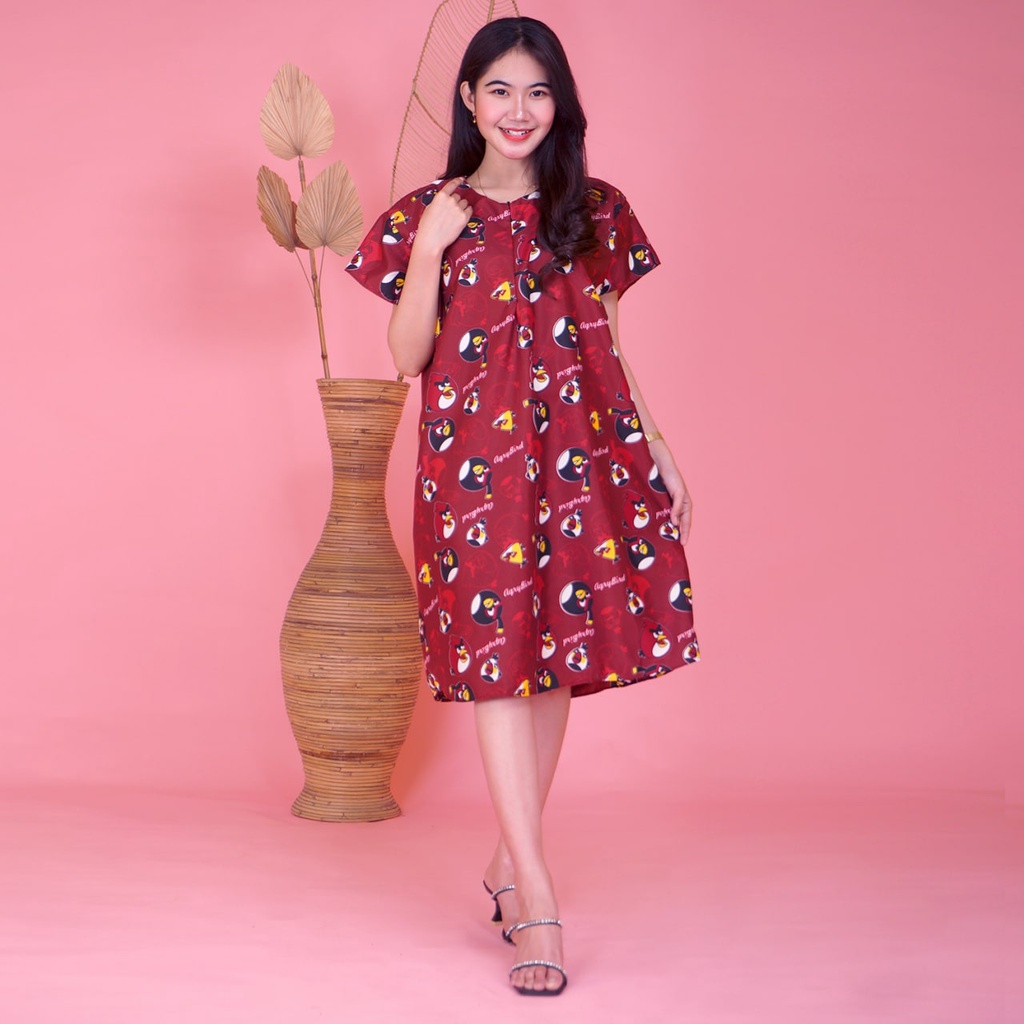 Daster JUMBO XXL Batik, Motif Acak / Campur, Leher Kancing Bumil Busui , Batik Warna-DJR Angry Bird Marun