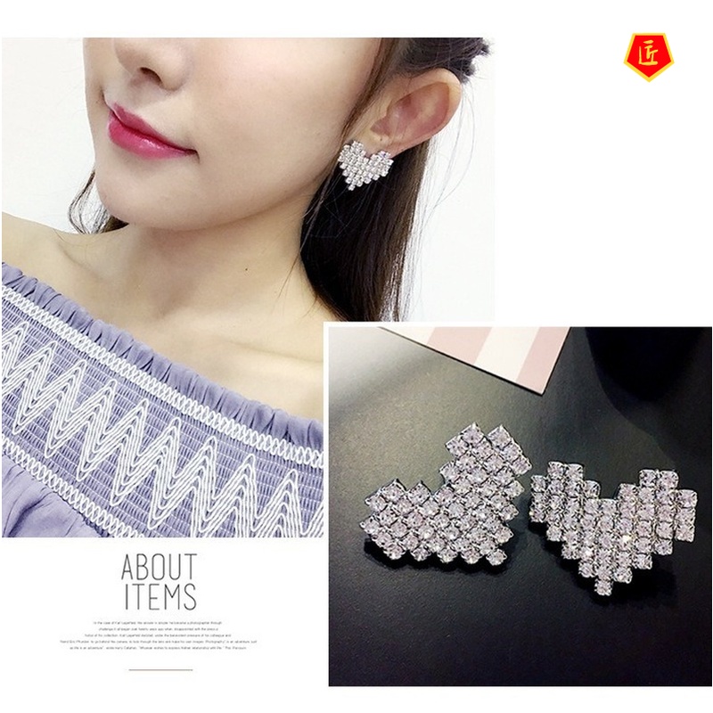 [Ready Stock]S925 Silver Heart-Shaped Diamond Earrings Simple Elegant