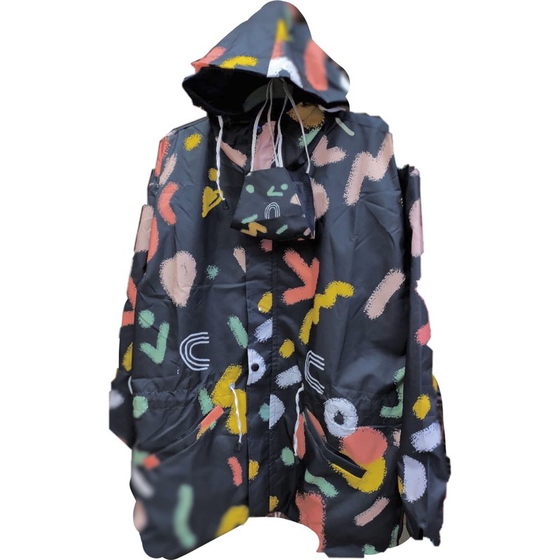 JAKET PARASUT PRINTING WANITA ANTI AIR WATERPROOF free masker OLAHRAGA SEPEDA-Black art doodle
