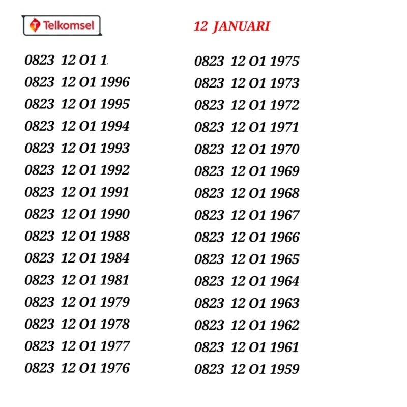 NOMOR CANTIK SIMPATI 12 DIGIT DOUBLE TAHUN 1981 ILUFA ABCD ABAB 12 JANUARI 12 01 1977 1988 1989 1992