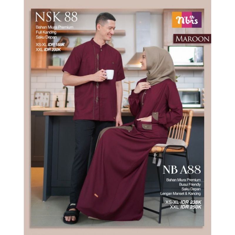 Nibras Couple NB A88 & NSK 088 Maroon Gamis & Koko Dewasa Keluarga Indonesia