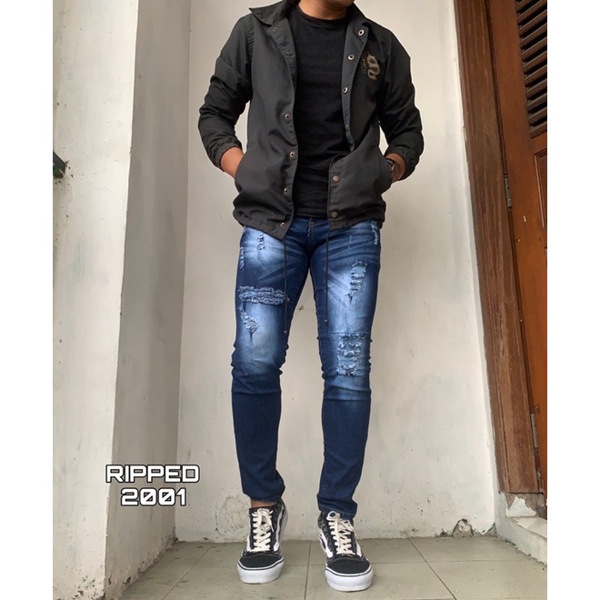 Celana Jeans Sobek Pria Ripped Tidak Tembus Original Soft Jeans Strech Terbaru Korean Style kekinian