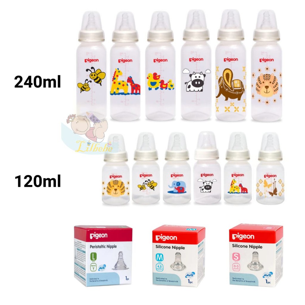 Pigeon Botol Susu PP RP || Premium Clear Flexible  120ml 240ml Slim Neck Bottle Round Base || Dot Peristaltic Standard Round Nipple Bayi Silicone Silikon Slimneck Slim neck S M L isi 1 pc SATUAN