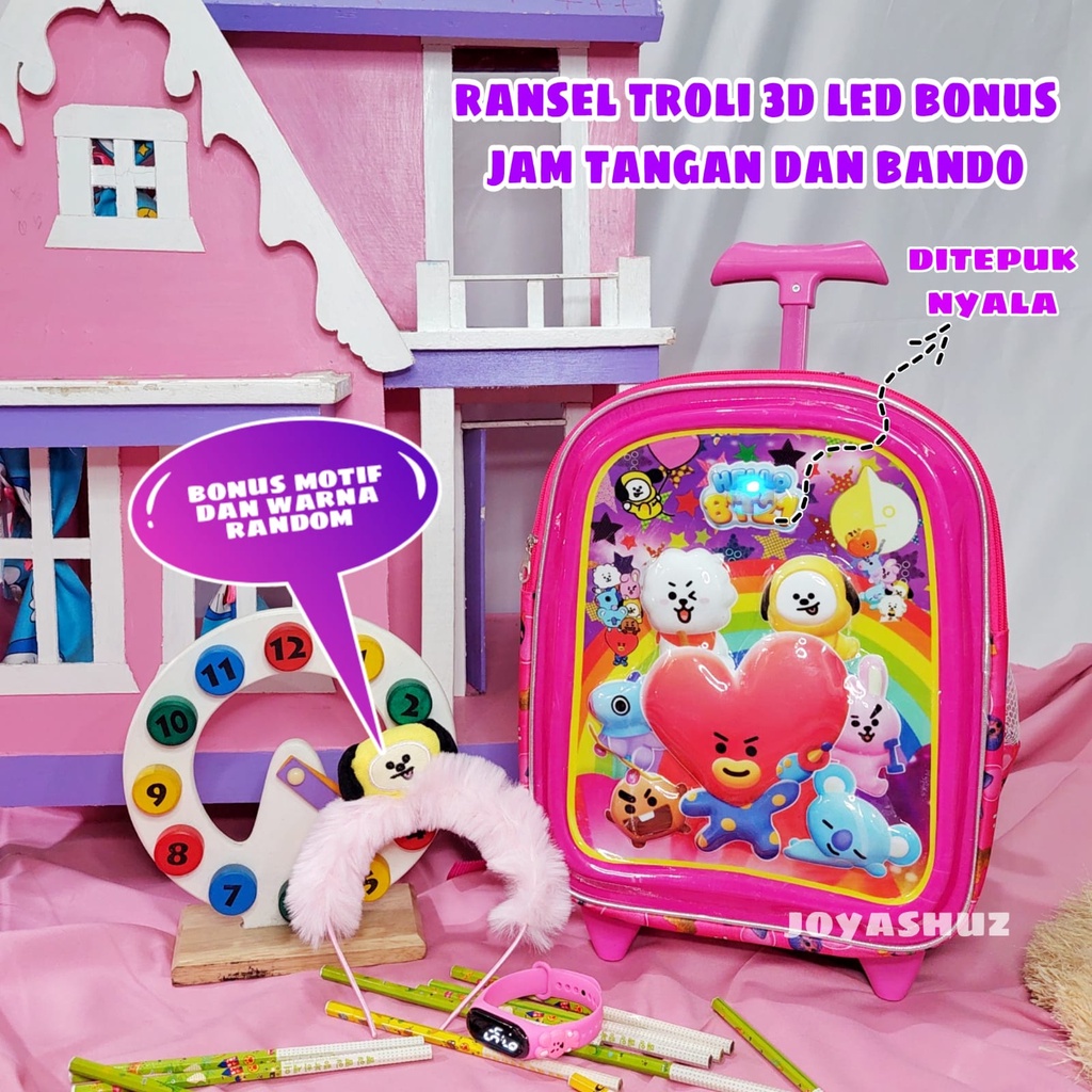 Tas Troli Anak Bisa Ransel BT 3D LED Anak SD Berbonus - Ransel Troli Timbul LED - Tas Sekolah Anak SD Troli Karakter - Tas Dorong Anak Perempuan SD Gratis Botol Dan Misting - Tas Sekolah Anak Perempuan Karakter Lucu - Joyashuz