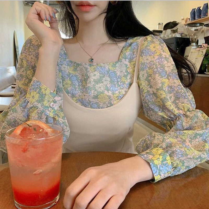 #Sisjuly# Wanita musim semi dan musim panas manis kecil lengan panjang tipis persegi kerah bocor tul
