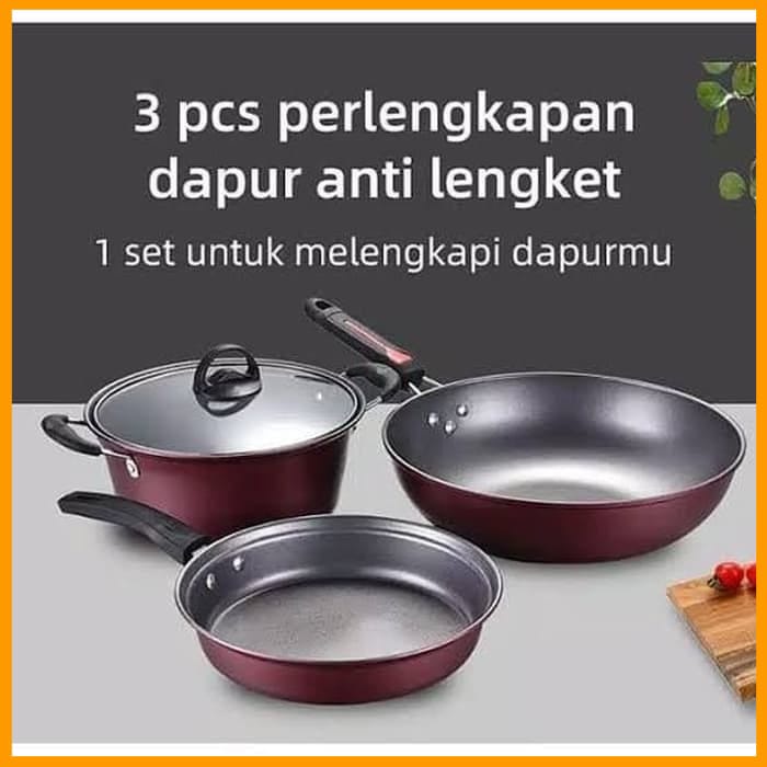 Panci Wajan Teflon WHO Set isi 3 pcs - Arria Panci Teflon Penggorengan Set