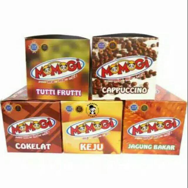 

Momogi 1 box - Keju/ Coklat/ Jagung Bakar/ Cappucino/ Tutti Frutti