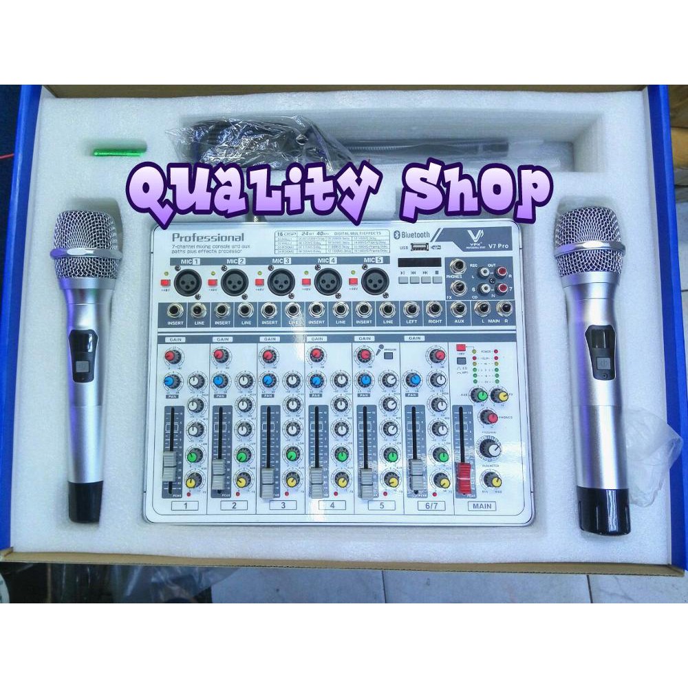 PROFESIONAL MIXER VPK V7 PRO USB BLUETOOTH PLUS 2 BUAH MIC WIRELESS UHF