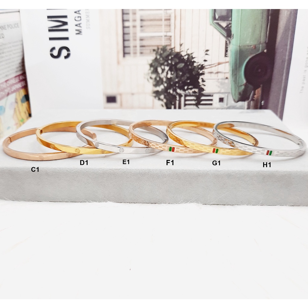 Gelang Bangle Titanium Silver Gold Polos Paku Keroncong Mata Putih - BB388