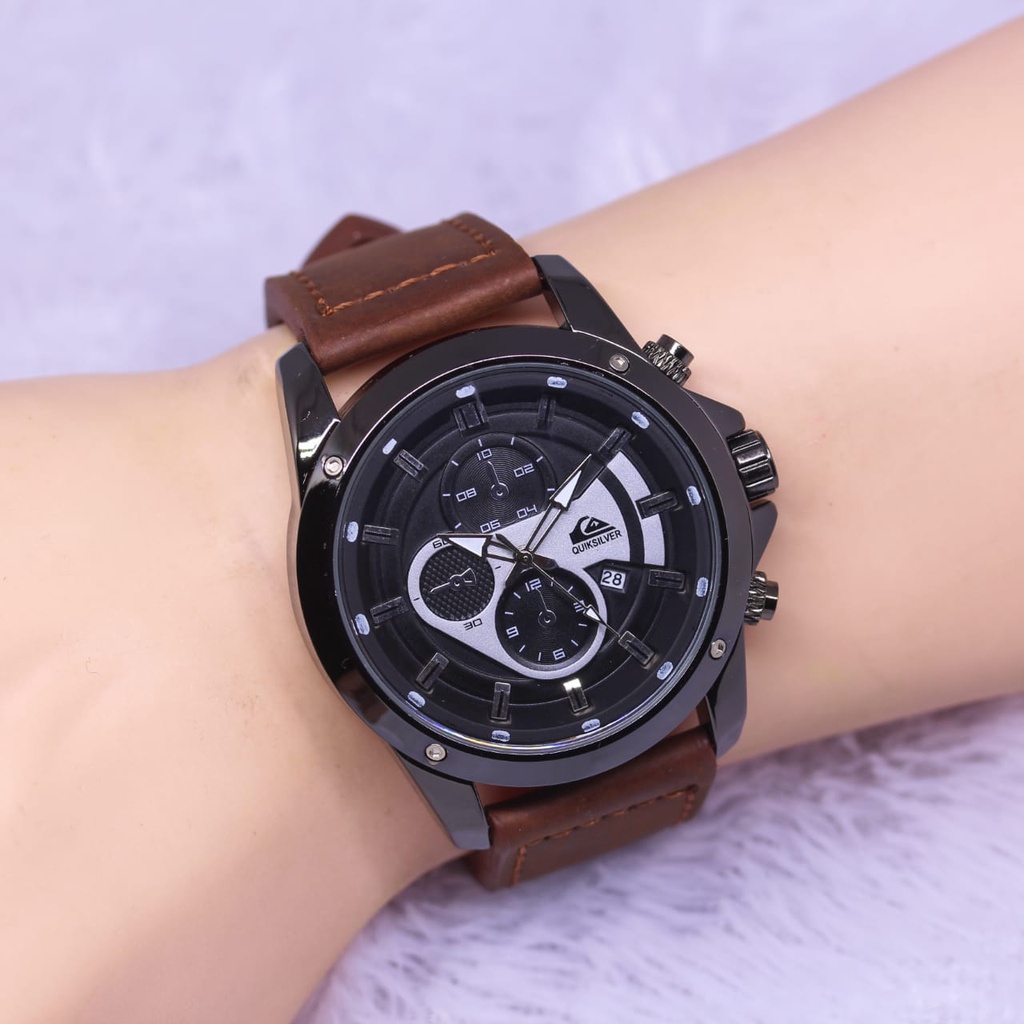 Jam Tangan Fashion Pria E1953V Tali Kulit Tanggal Aktif Chrono Variasi Free Box &amp; Baterai